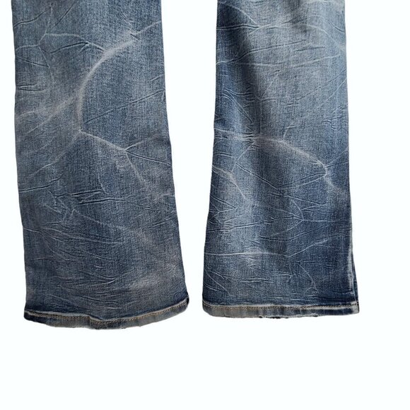 Arya Jeans Embroidered Flap Pockets 90s Y2K Flared Stretch Mid Rise Denim 35X32 - Picture 10 of 12